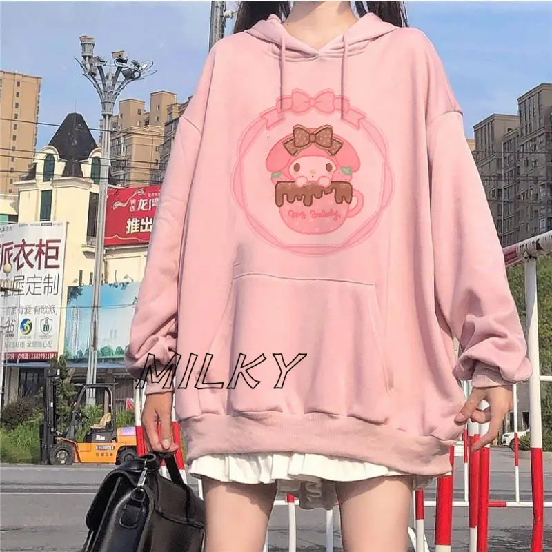 Funny My melody Pink Hoodie Women\'s Fashion Loose Casual Long sleeved Harajuku Pullover Street Trend Sweatshirt Sportwear 2024