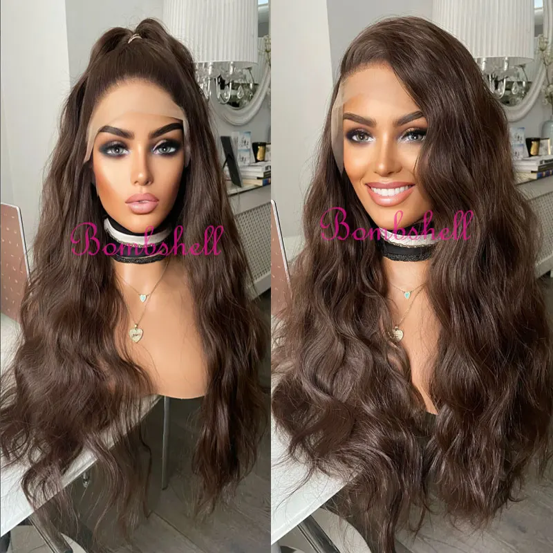 Donkerbruin Water Wave Haar Synthetische 13x4 Lace Front Pruiken Lijmloze Hoge Kwaliteit Hittebestendige Vezel Haar Gratis Scheiding voor Vrouwen