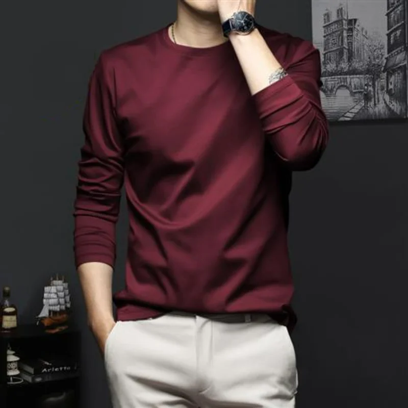 Camiseta de seda de hielo para hombre, prenda informal coreana, versátil, de manga larga, con cuello en V, delgada, a la moda, novedad de otoño,