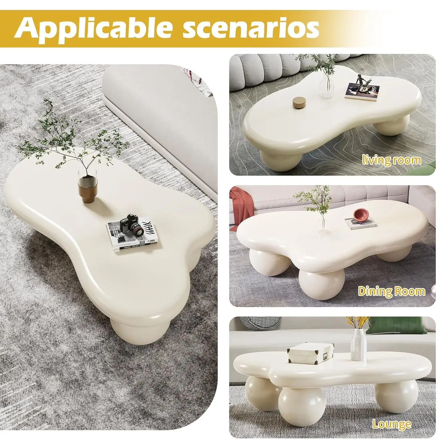 44" Cloud Shape Coffee Table Low White Irregular Tea Table with 3 Ball Legs for Living Room Small Space, Customized