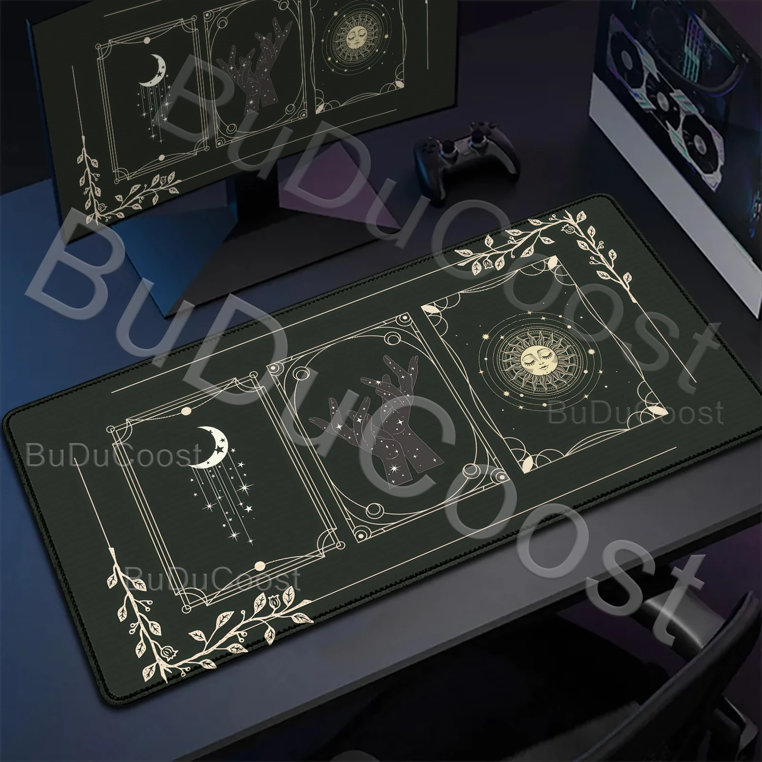 Tapis de Souris Long Antidérapant Style Céleste Sombre Phases de Lune et Étoiles Esthétiques Alfombrilla Escritorio Mousepad Preto