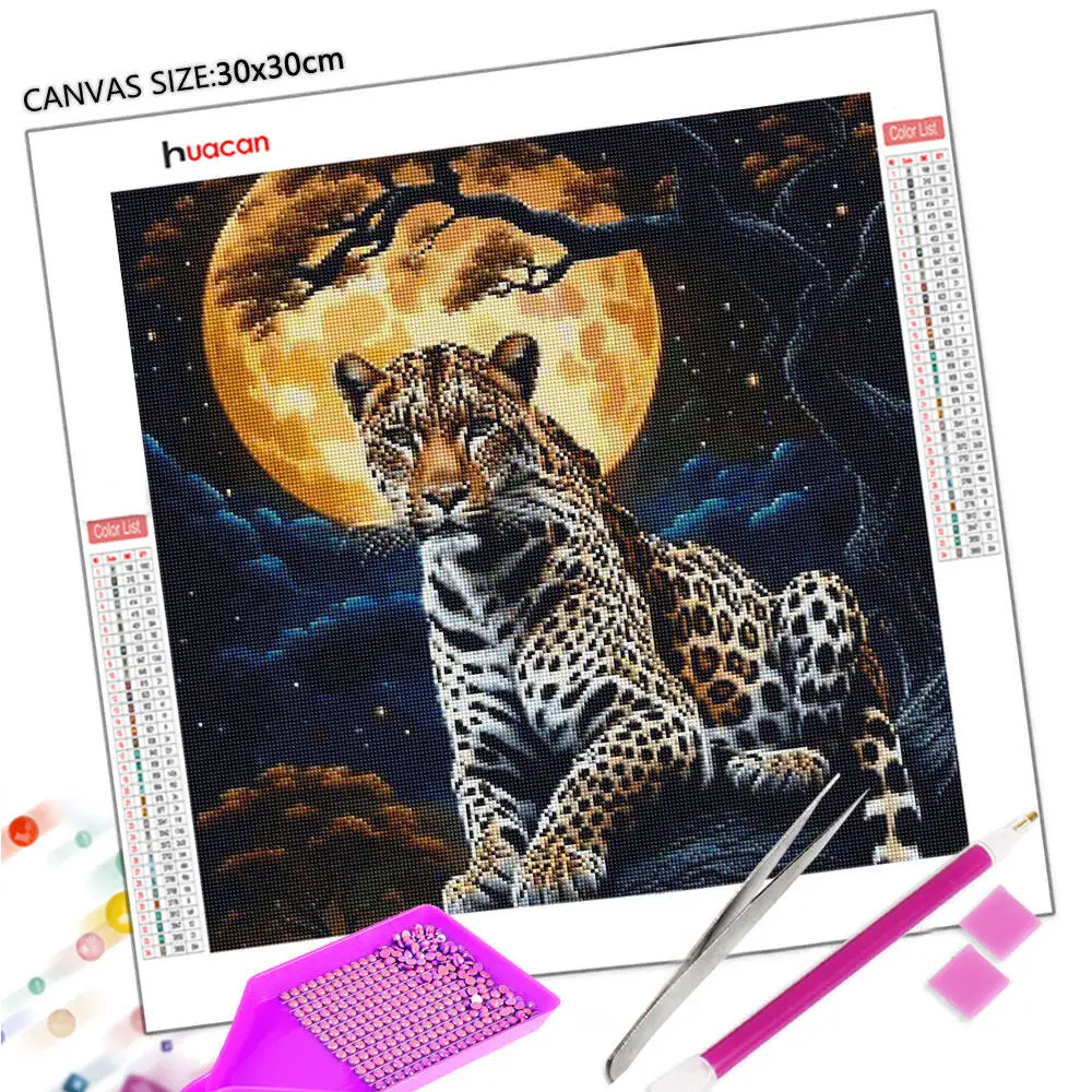Huacan DIY Cheetah Diamond Painting Night Moon New Arrivals 2025 Diamond Mosaic Full Tree Wall Decor