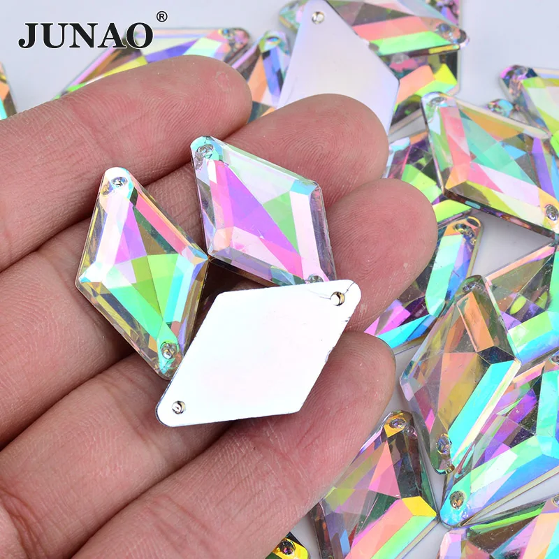 JUNAO 9*15mm 18*30mm Sew On Crystal AB Rhinestones Flatback Rhombus Shape Strass Acrylic Gems For Dress Clothes Needlwork Crafts