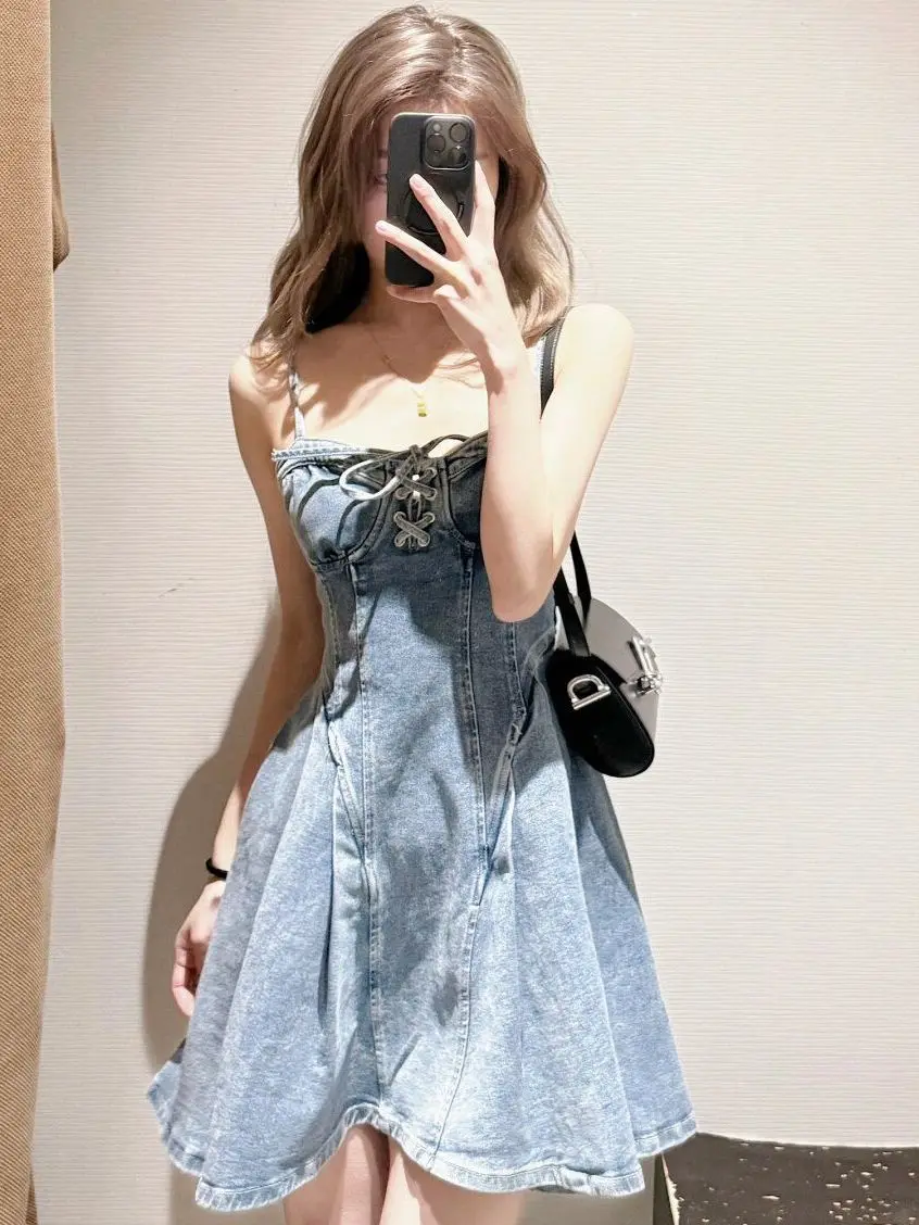 Retro Spicy Girl Style Strapless Denim Dress For Women Summer New Collection Waist Slimming A-line Short Cowboy Sling Dresses