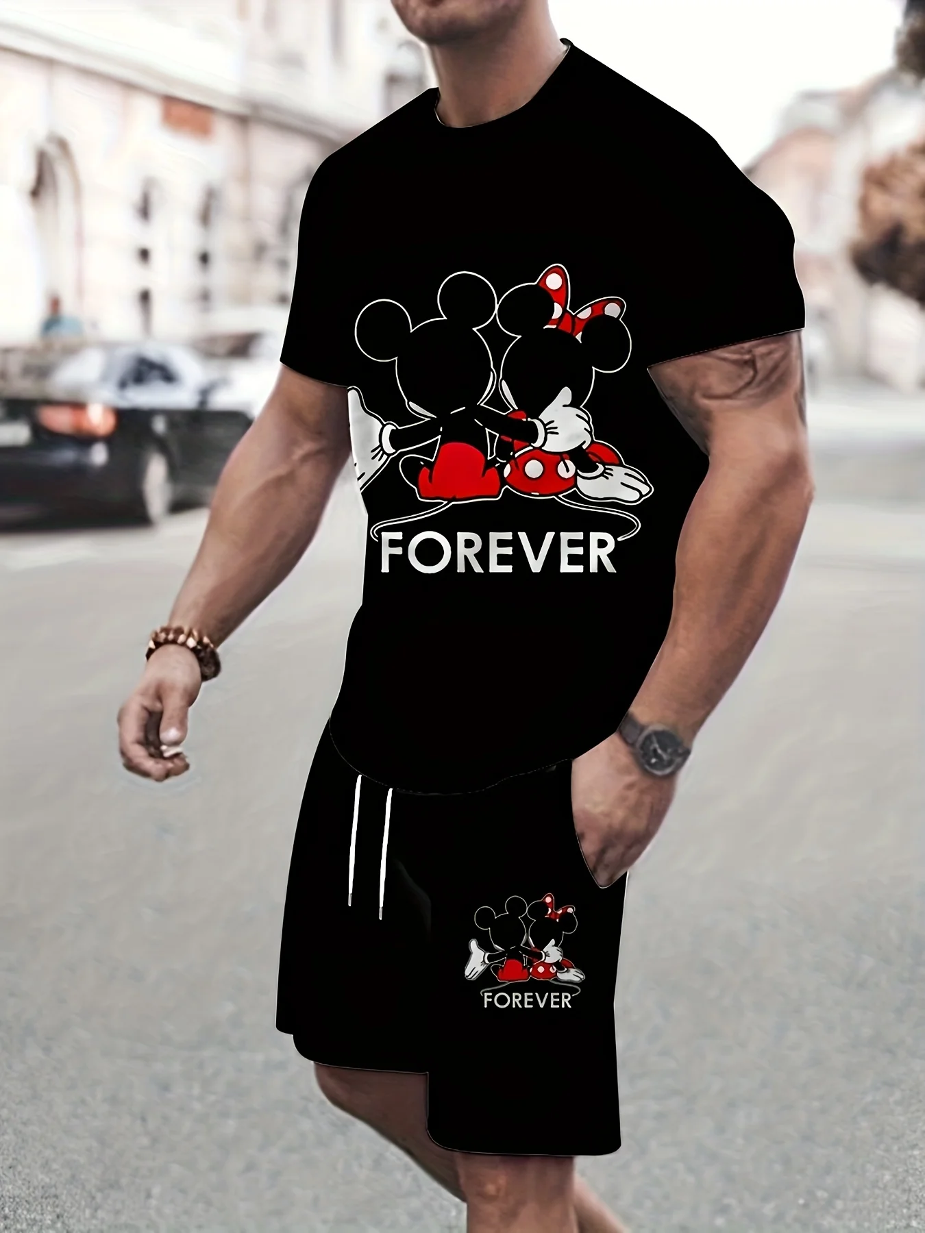 

Men's Casual Sportswear Set Disney Mickey Mouse Printed Short Sleeved T-shirts And Sports Shorts Oversized Men's Clothing Suits
