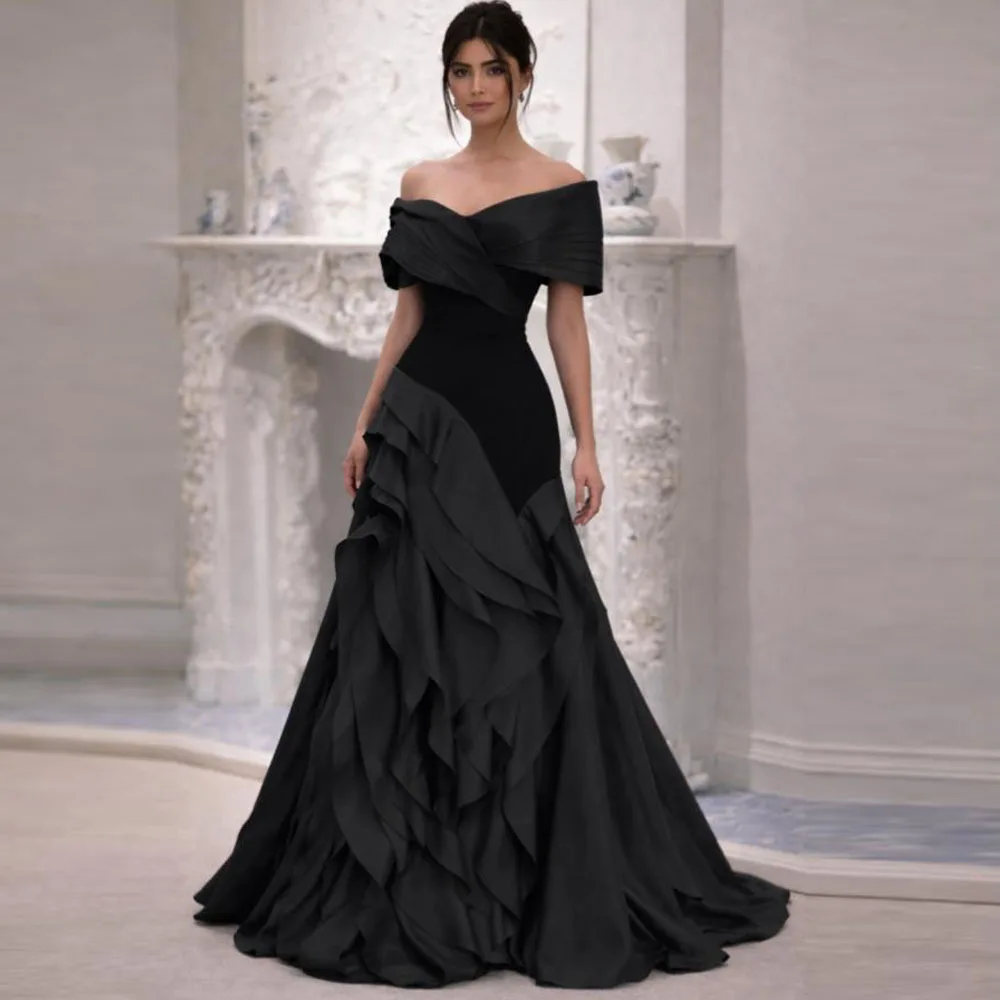 Customized Ruffles Tier Train Evening Dress Off the Shoulder Patchwork Formal Gown Black Mermaid vestidos de gala for Women