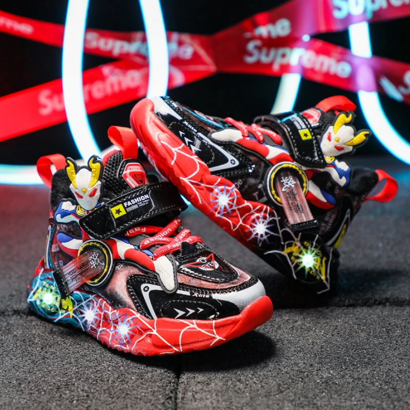 Rotating Button Boy Shoes Sports Running Shoes Kid Sneakers Led Lighting Casual Trainers New Breathable Children Toddler Shoes