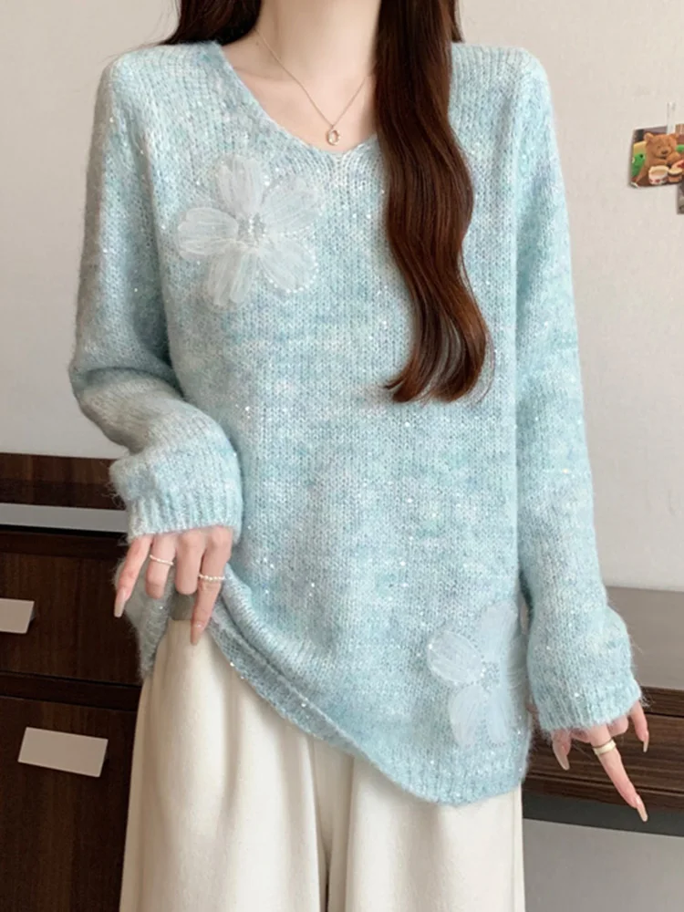 

3d Floral Sweet Sweaters Women Loose Fashion V Neck Elegant Knitted Jumper Casual Chic Korean Female Fall Winter Long Sleeve Top