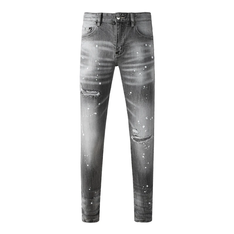 Y2KMen's Light Gray Slim Fit Jeans Fashionable Painted Washed Nostalgic Perforated Patch Elastic Hip-Hop Brand Pan