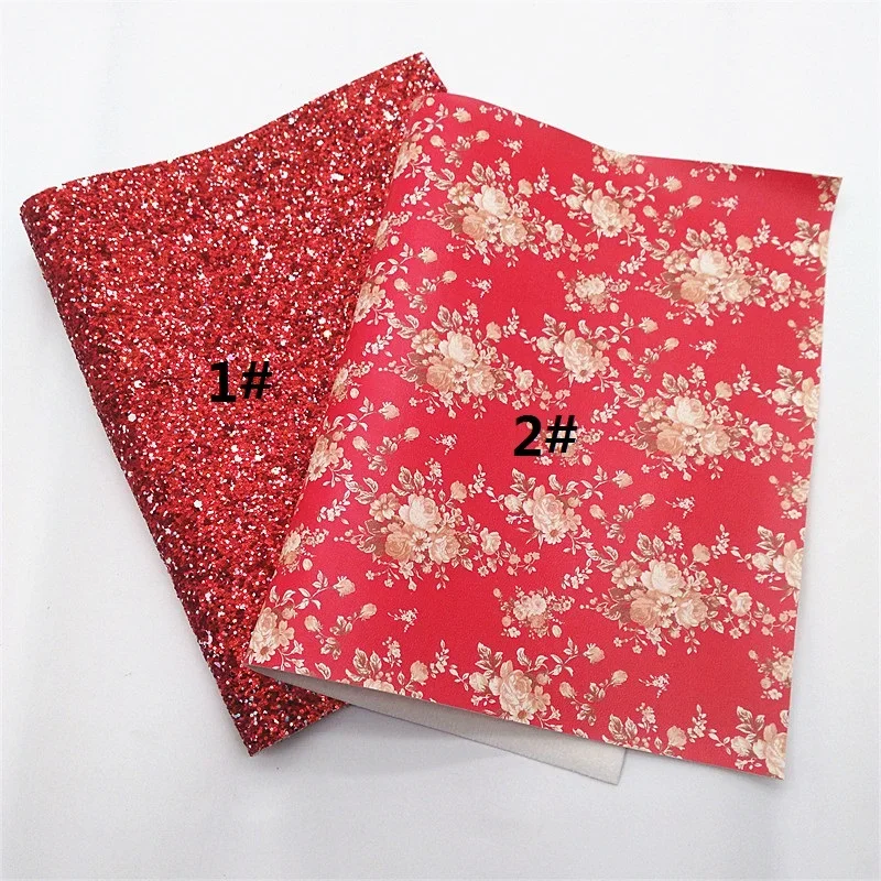 Red Glitter Leather Sheets Flowers Printed Synthetic Leather Gold Dots Faux Leather Fabric Sheets Craft For DIY 21x29CM Y410