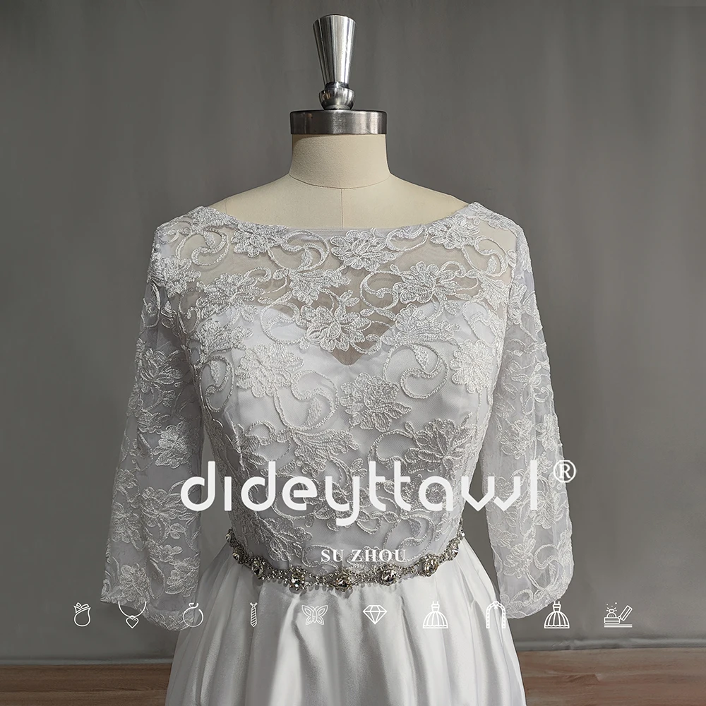 Robe de mariée élégante en Satin, col rond, manches longues, ceinture en cristal, en dentelle, boutons, traine