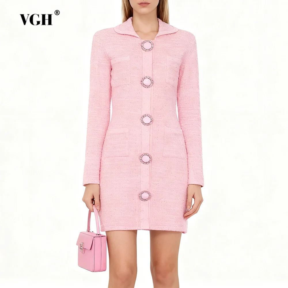 

VGH French Style Temperament Solid Dresses For Women V Neck Long Sleeve High Waist Spliced Button Casual Dress Female Fashion