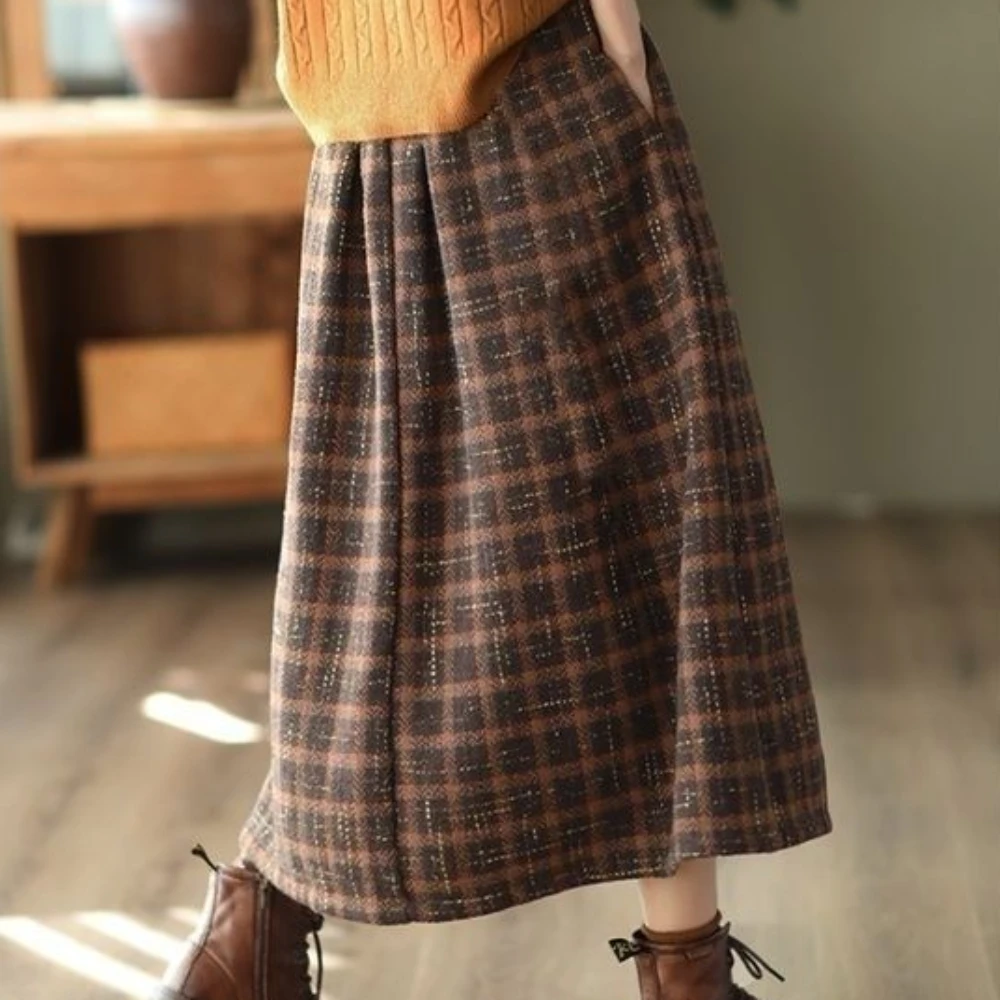 Vintage Plaid Midi Röcke Frauen Baggy Neue Hohe Taille A-line Dicker Französisch Stil Taschen Mujer Ulzzang Böden Mode Elegante