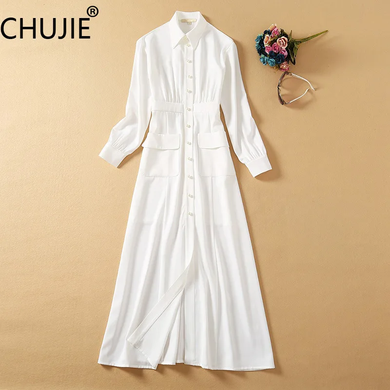 

CHUJIE Women's Dress 2025 Spring/Summer New Luxury Noble Style Simple Noble Temperament Imitation Pearl Button Shirt Dress