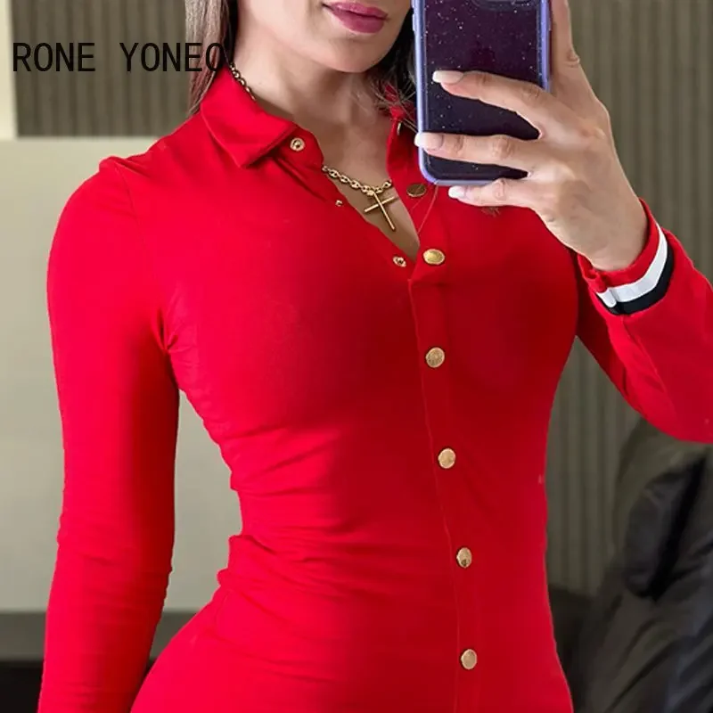 Women Casual Long Sleeves Turn Down Collar Solid Button A-line Mini Skinny Red Dress