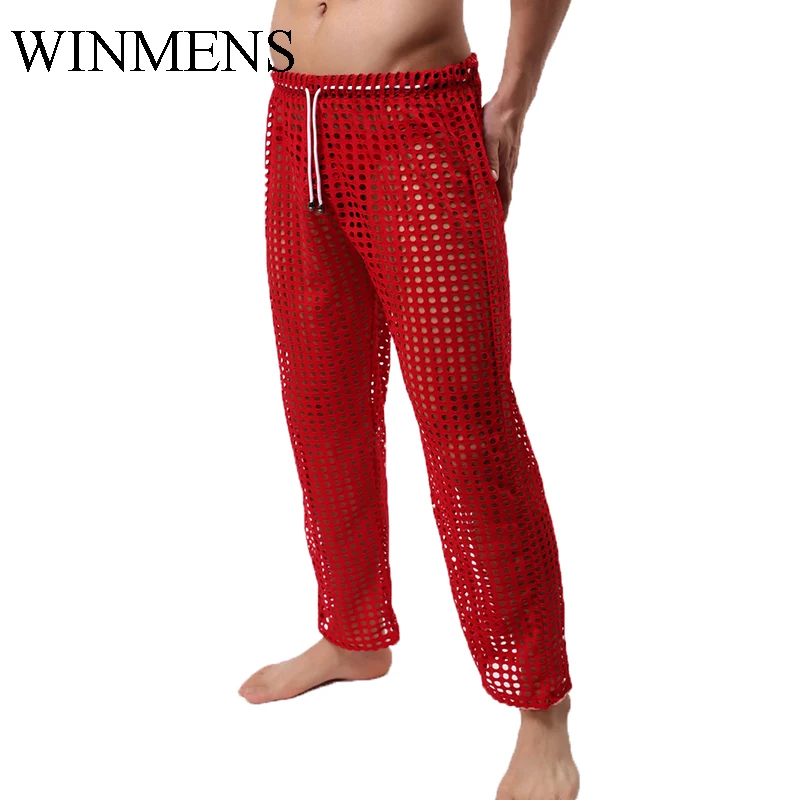 Men\'s Sleep Bottoms Cut-outs Fishnet Pajama Pants For Adult Gay Sissy Erotic See Through Bedtime Trousers Sheer Nightwear