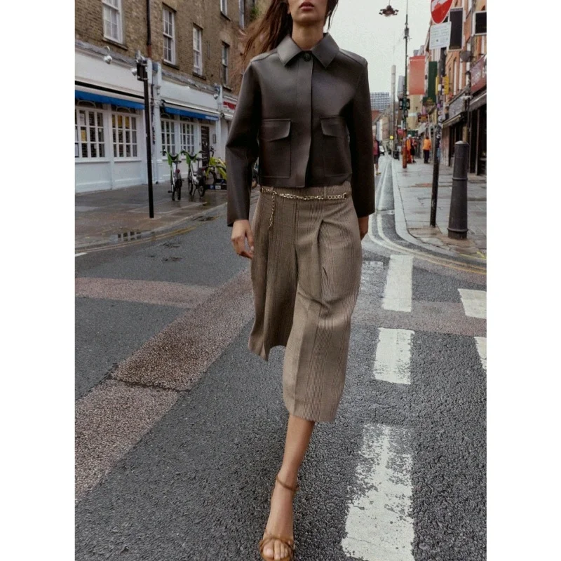 Autunno nuove donne Briti Sle lungo Sve risvolto sciolto pelle PU ort Jaet cappotto casual Sle fibra di poliestere bottone Clo...