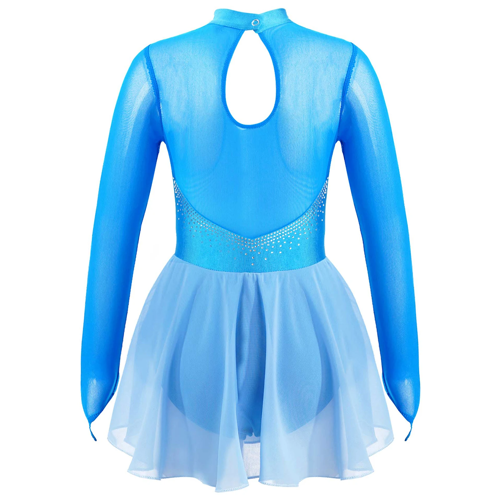 Kids Girls Ice Skating Dress Hollow Back Mesh Splice Long Sleeves Roller Skating Ballet Dance Gymnastics Leotard Dress Dancewear