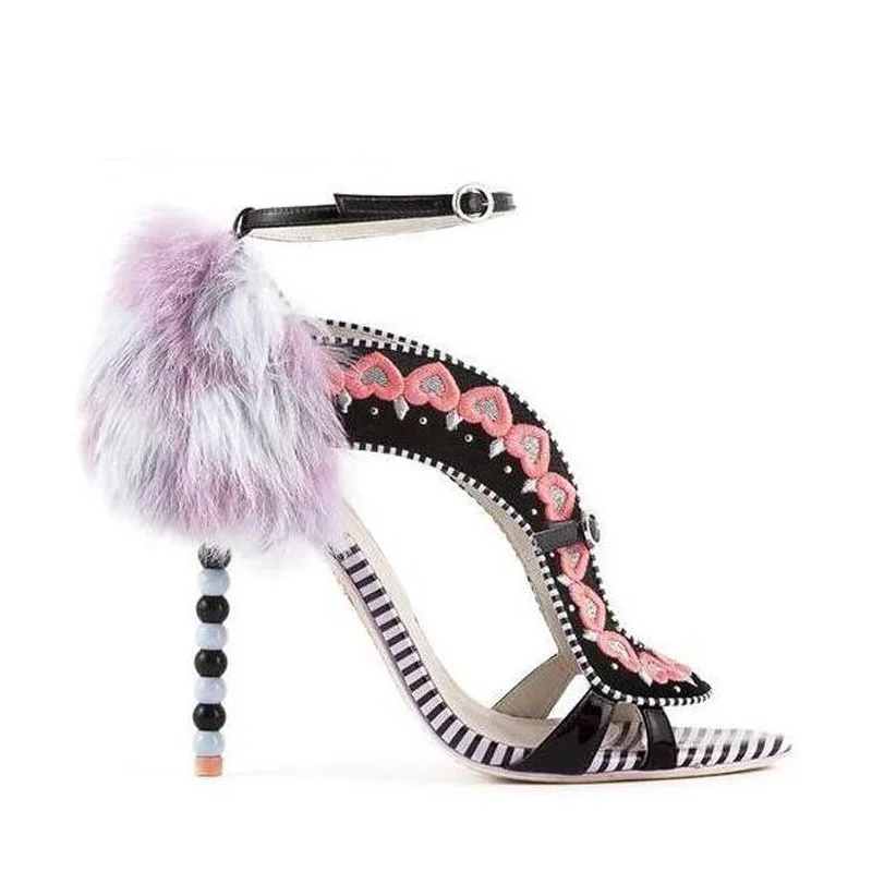 Red Heart Straps Ladies Cutout Style High Heels Faux Pink Rabbit Fur Back Women Open Toe Sandals Ankle Buckle Female Dress Shoes