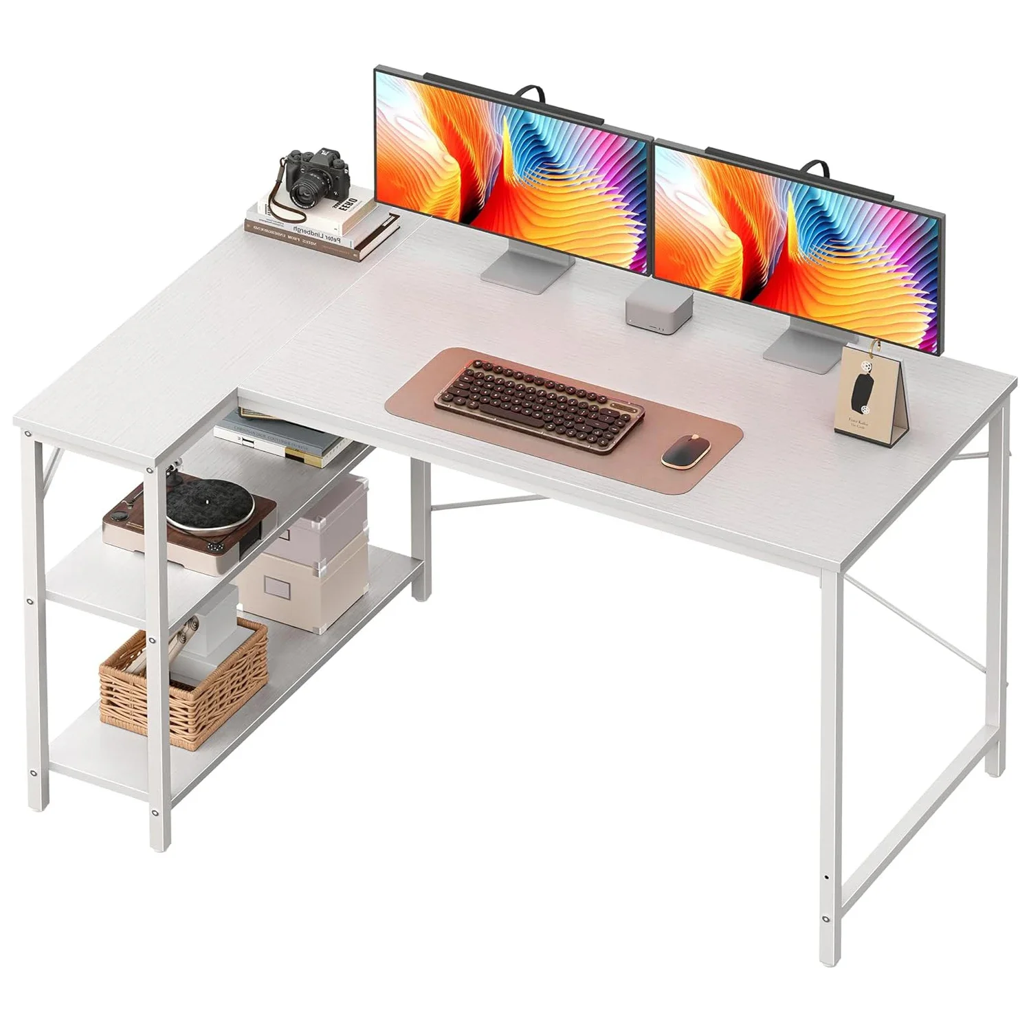 Escritorio para computadora en forma de L, estante abierto de madera, escritorio para computadora con estantes, escritorio de estudio de 120 cm para sala de estudio, dormitorio, hogar, oficina, blanco