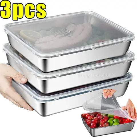 Piatto Contenitore per alimenti in acciaio inossidabile con coperchio Vassoio spesso Conservare alimenti freschi Coperchio per frutta Scatola di immagazzinaggio sigillata Organizzatore per frigorifero da cucina