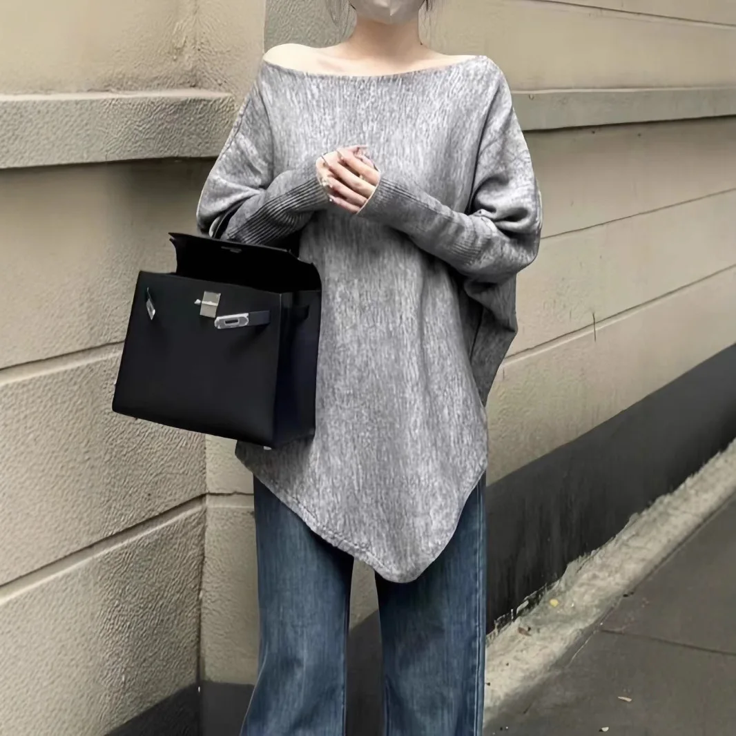 

Women's Loose Lazy Style Mid-Length Shoulder Bared Knitwear Top French Style Asymmetrical Batwing Sleeve Slant Shoulder Sweater