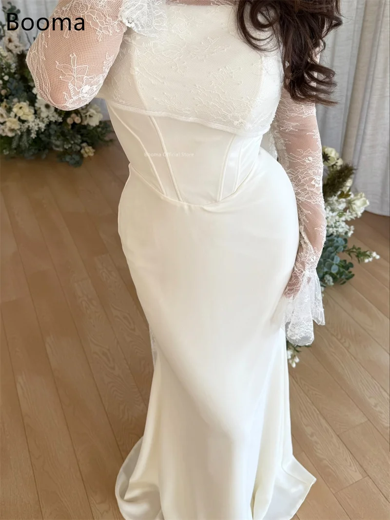 Booma Mermaid Long Elegant Lace Flooe-Length Wedding Dresses Satin Full Sleeve Brides Gown Custom Made 2025