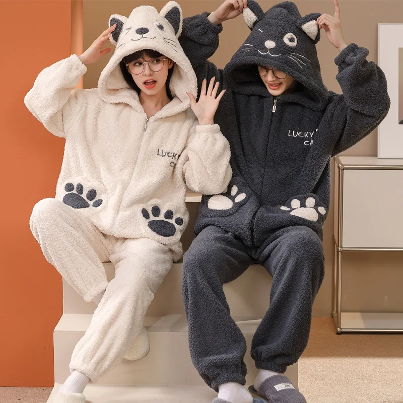 New 2024 Couple Pajamas Set Women's Thickened Fleece-lined Coral Velvet Men Sleepwear For Winter Cute Cat Homewear