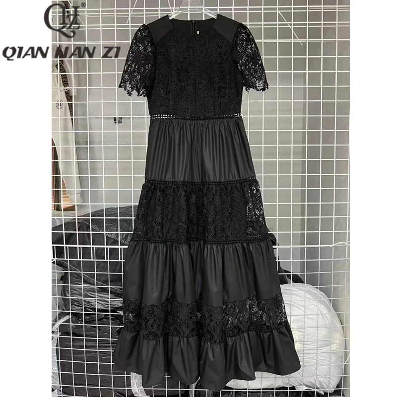 Imagem -05 - Qhz-lace Hollow Bordado Slim Maxi Vestido para Mulheres Vestido Elegante de Férias Moda Designer de Verão 2023