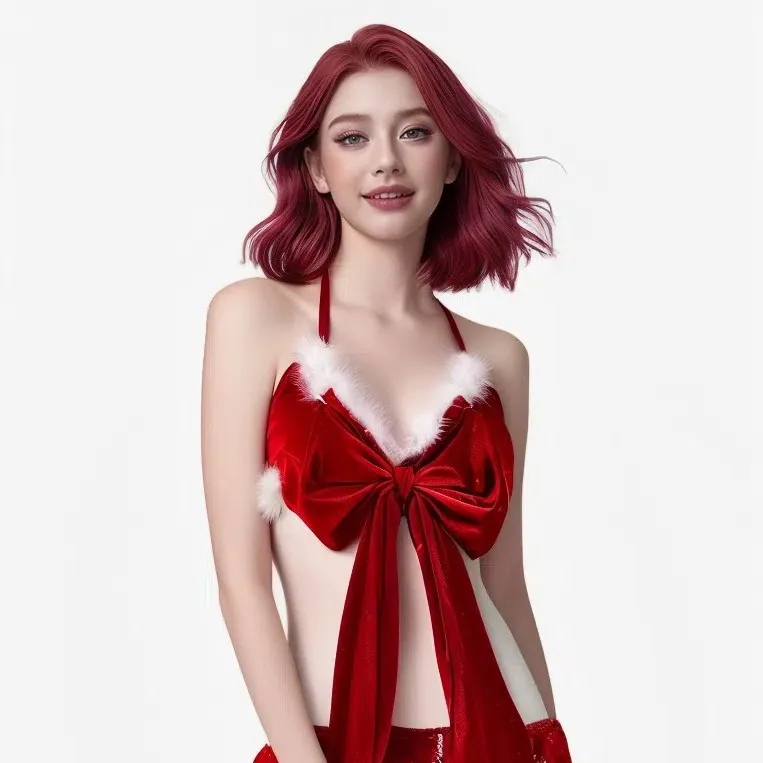 Sexy Christmas Gold Velvet Chest Bow Corset and Lace Shorts Neck Cover Wristband Leg Socks Four-Piece Set