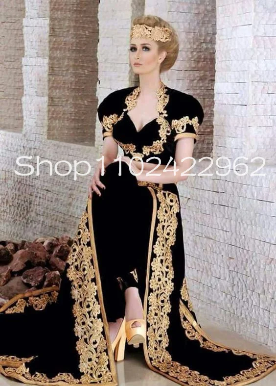 Black Velvet Two Pieces Tarayoun Prom Occasion Dresses Cap Sleeve Gold Lace Applique Tunisienne Caftan Evening Gown Wear