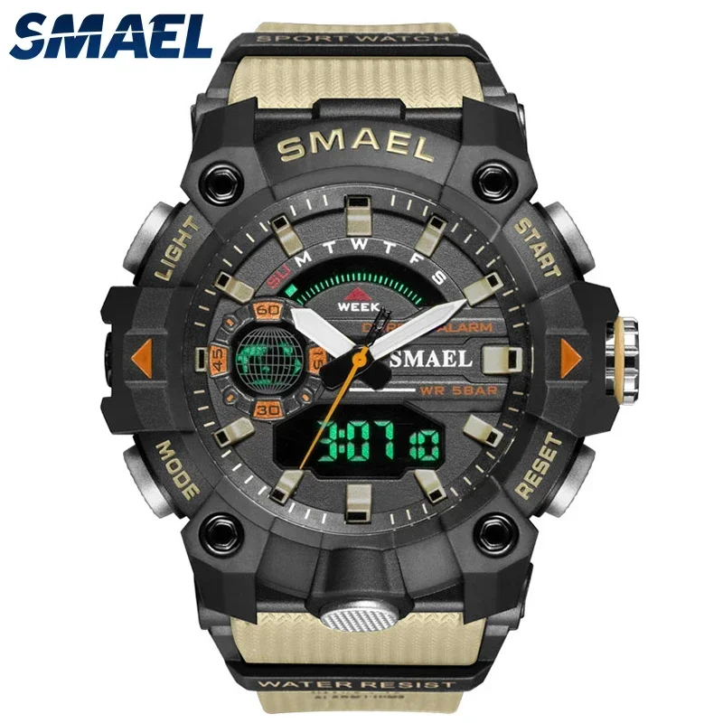 SMAEL-Reloj de pulsera deportivo para hombre, cronógrafo Digital con luz LED y alarma, resistente al agua hasta 50M, 8040