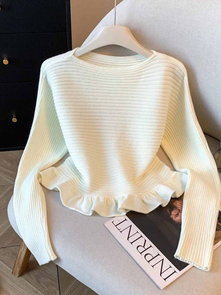 

Ele Long Sve вязаный свитер, женский зимний модный дизайн, плиссированный универсальный топ с завязкой на талии, французский мягкий нейлон