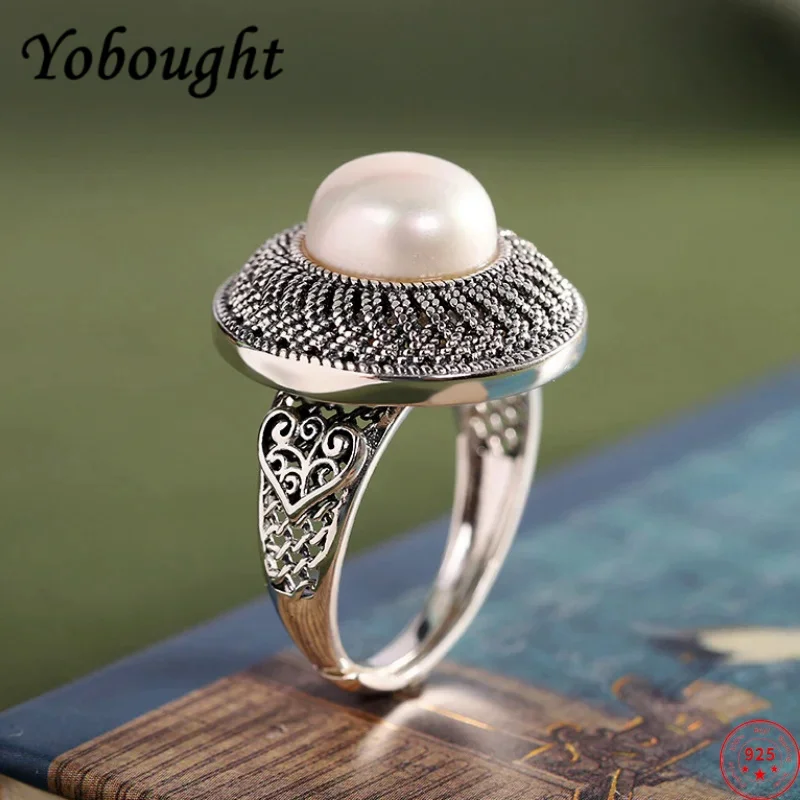 

S925 Sterling Silver Rings For Women New Fashion Hollow Weaven Pattern Inlaid Freshwater Pearl Punk Jewelry Free Shipping