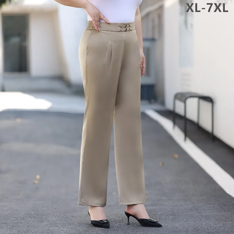 

Thin Champagne Pants Woman Summer Fashion High Waist Loose Formal Straight 100KG Plus Size 5XL 6XL 7XL Office Lady Trousers