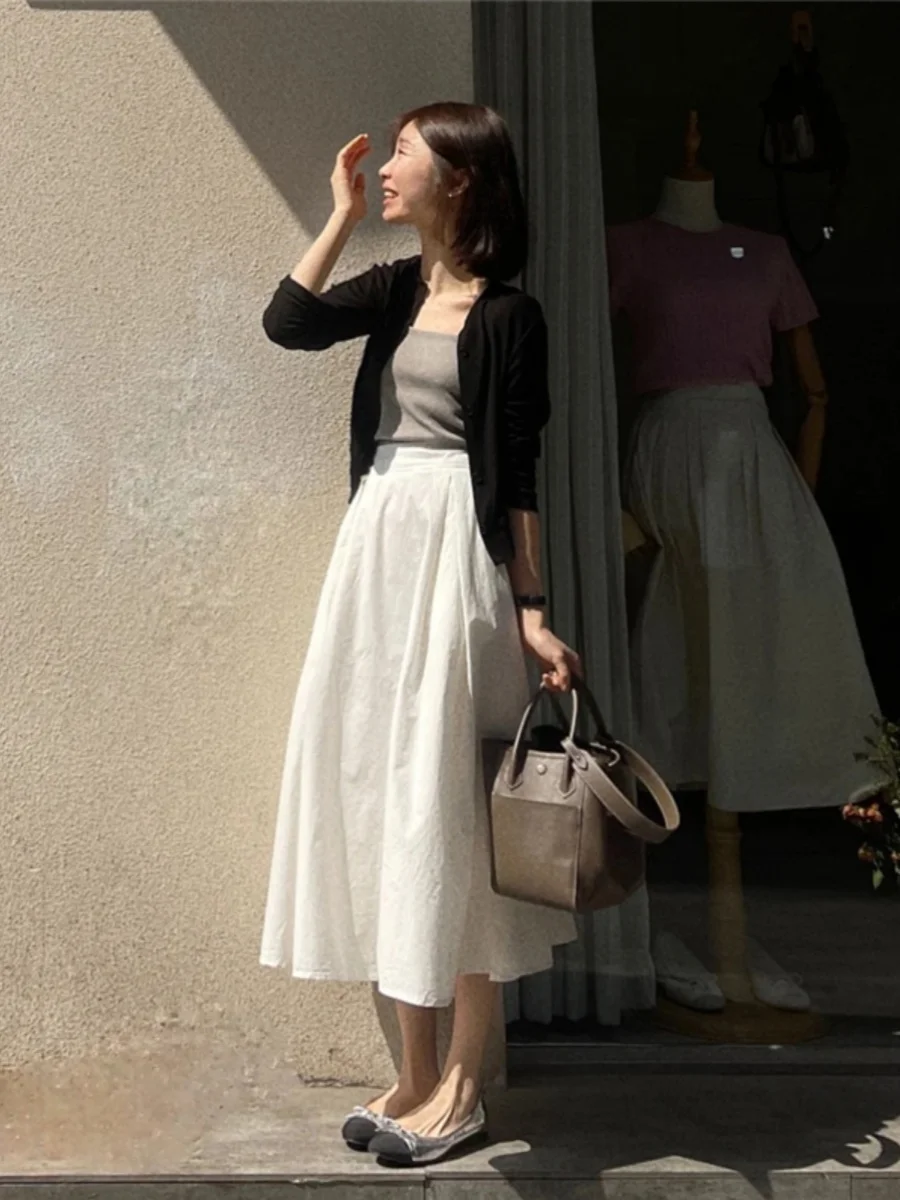 

Emily Clud Recommended White A-Line Pleated f Skirt for Women Hip Conceal Slimming Umbrella Skirt Large Size Faion