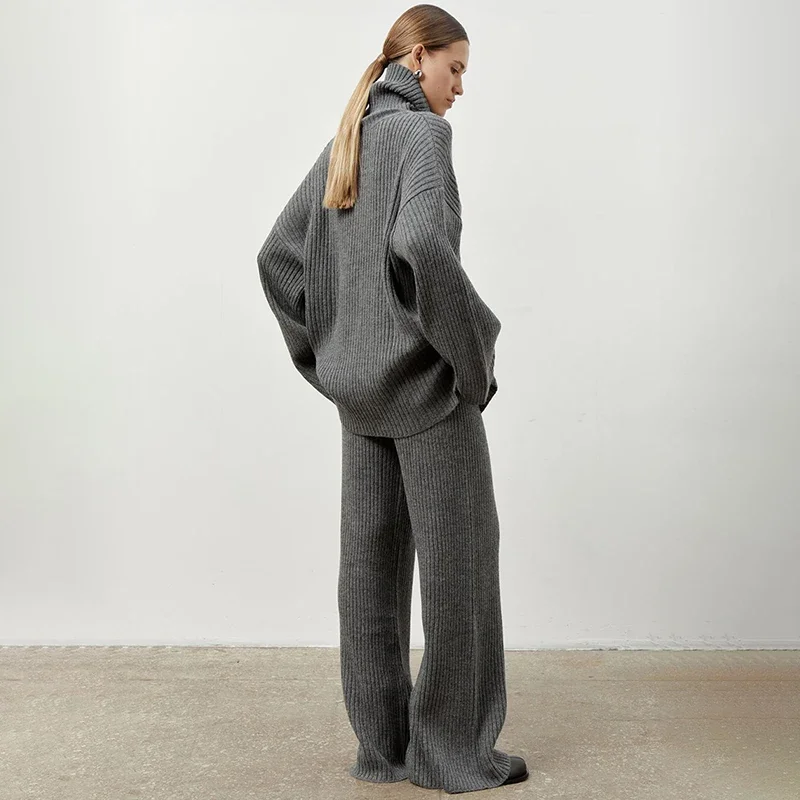 

Tturtleneck Sweater Wide-leg Trousers 2 Piece Sets 2025 Autumn Winter Warm Solid Long Sleeve Loose Knitted Sweater Set