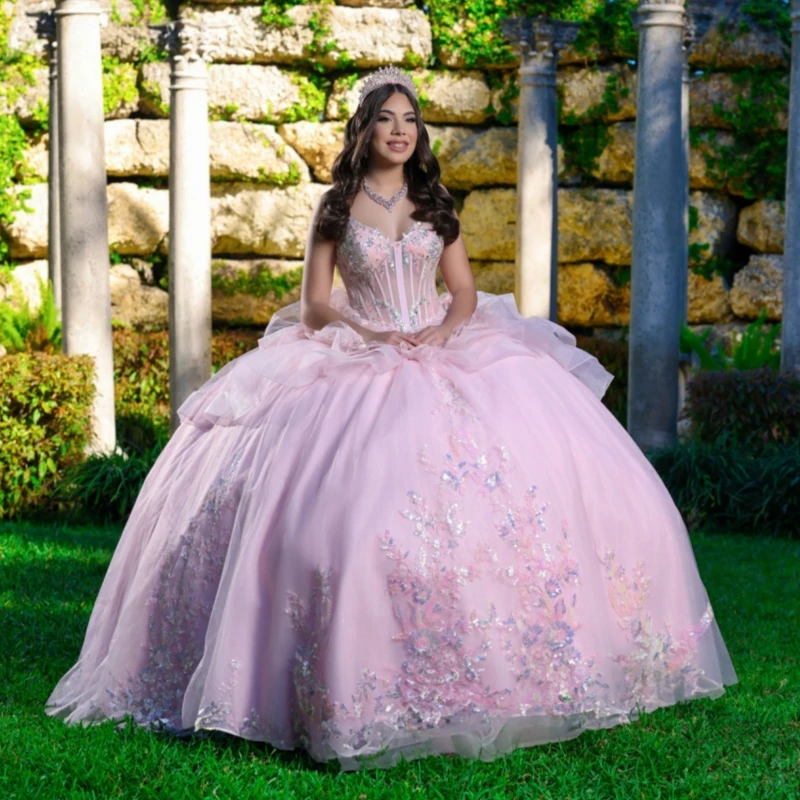 

Light pink Shiny Ball Gown Quinceanera Dresses Applique Lace Beading Crystal Tiered Tull Bow Corset Off The Shoulder Sweet 16
