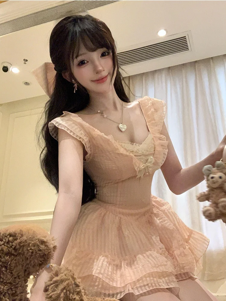 

Sweet Pink Girl's Dr with Bowknot Waist a ort Skirt for Plump Women Korean Sle High Waist A-Line Summer Dr