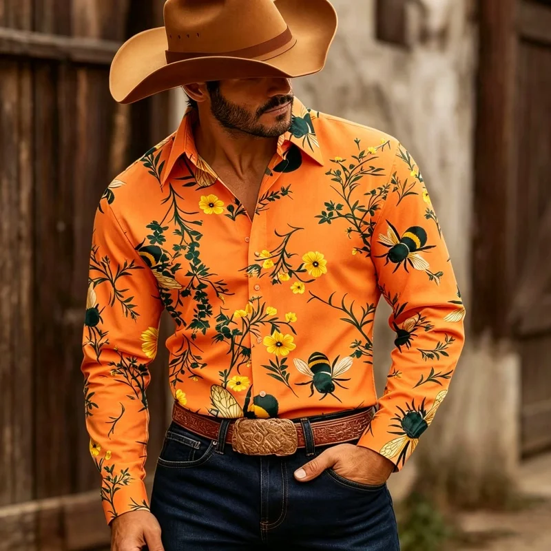 Men's Floral Print Long-Sleeve Shirt, Stylish Slim-Fit Button-Down Casual - view 5