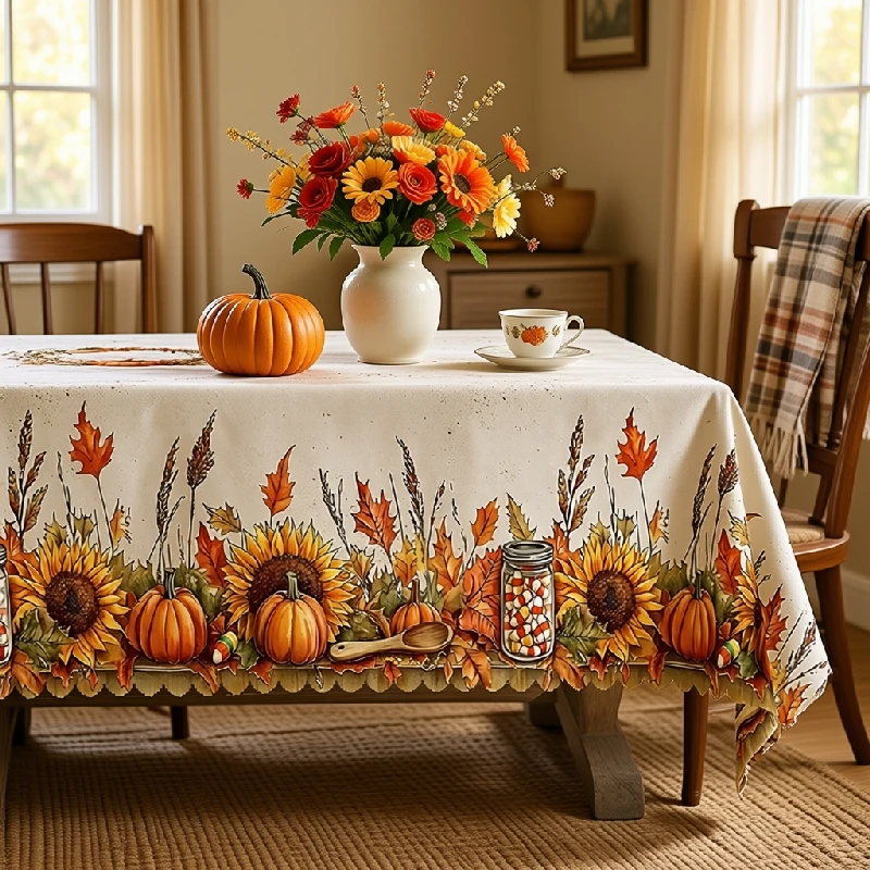 Vespri Pumpkin Retro Style White and Orange Harvest Tablecloth Pumpkin Sunflower Maple Leaf Printzyc