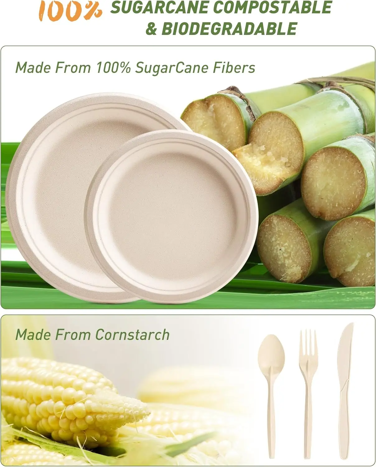 Compostable Paper Plates Set 250PCS Heavy-Duty Disposable Plate and Utensil Biodegradable Dinnerware