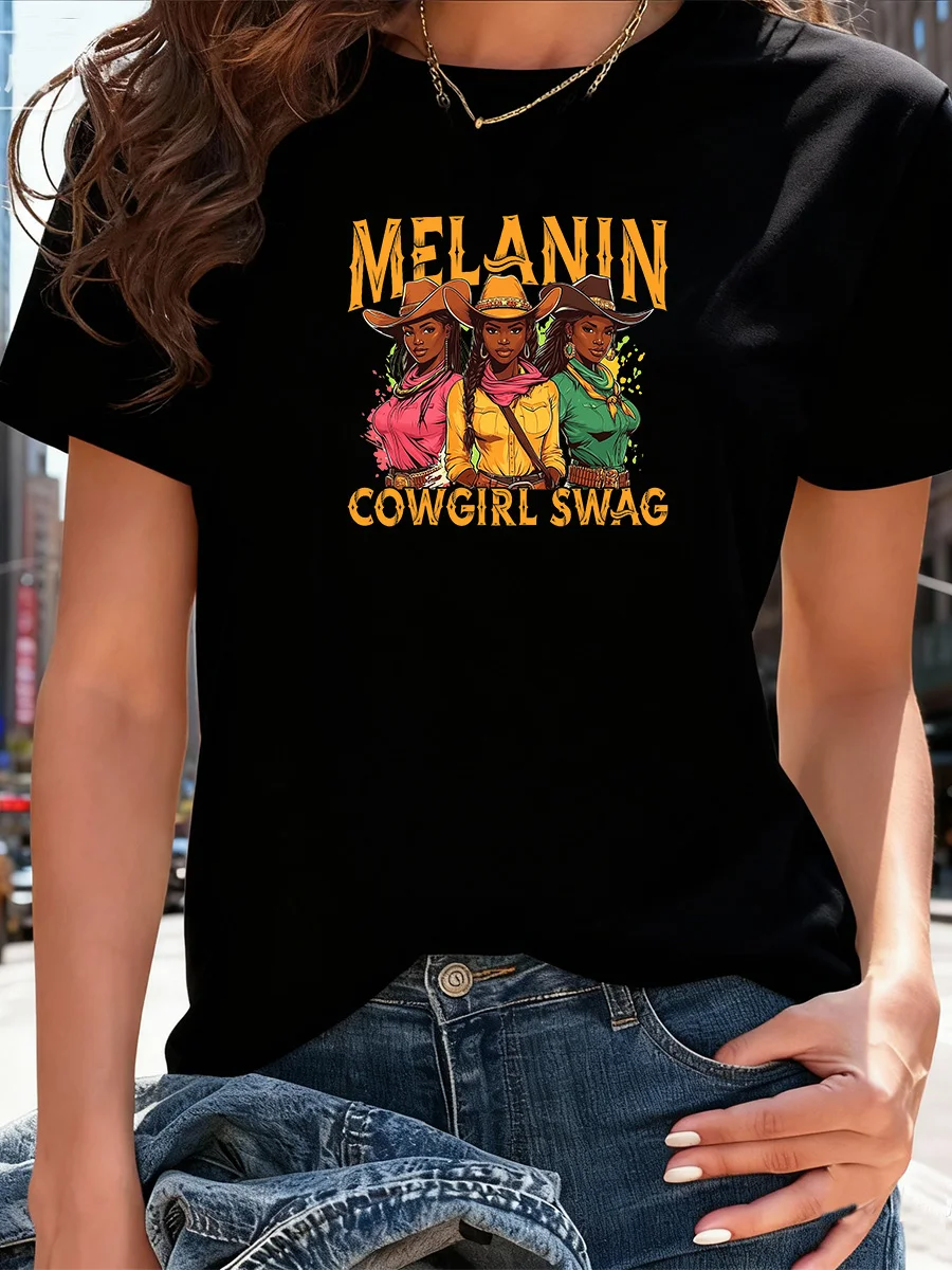 

Black Short Sleeve T-Shirt with "Melanin Cowgirl Swag" Graphic Print, Western Cowgirl Design, Casual Women's Tee