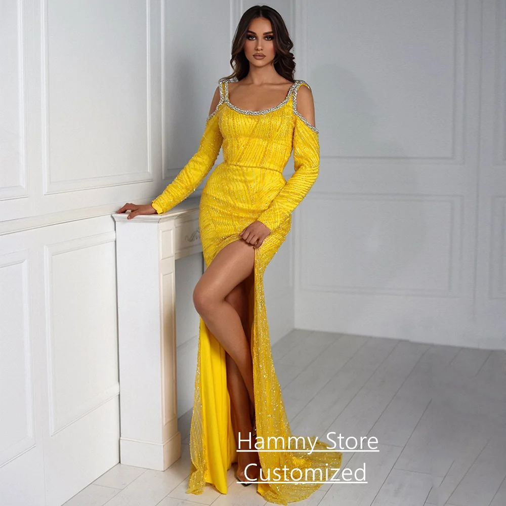 

Dancing Evening Party Dress Customized Long Sleeves Scoop Neck Beading Crystal Mermaid Prom Gown Split Pageant Dresses