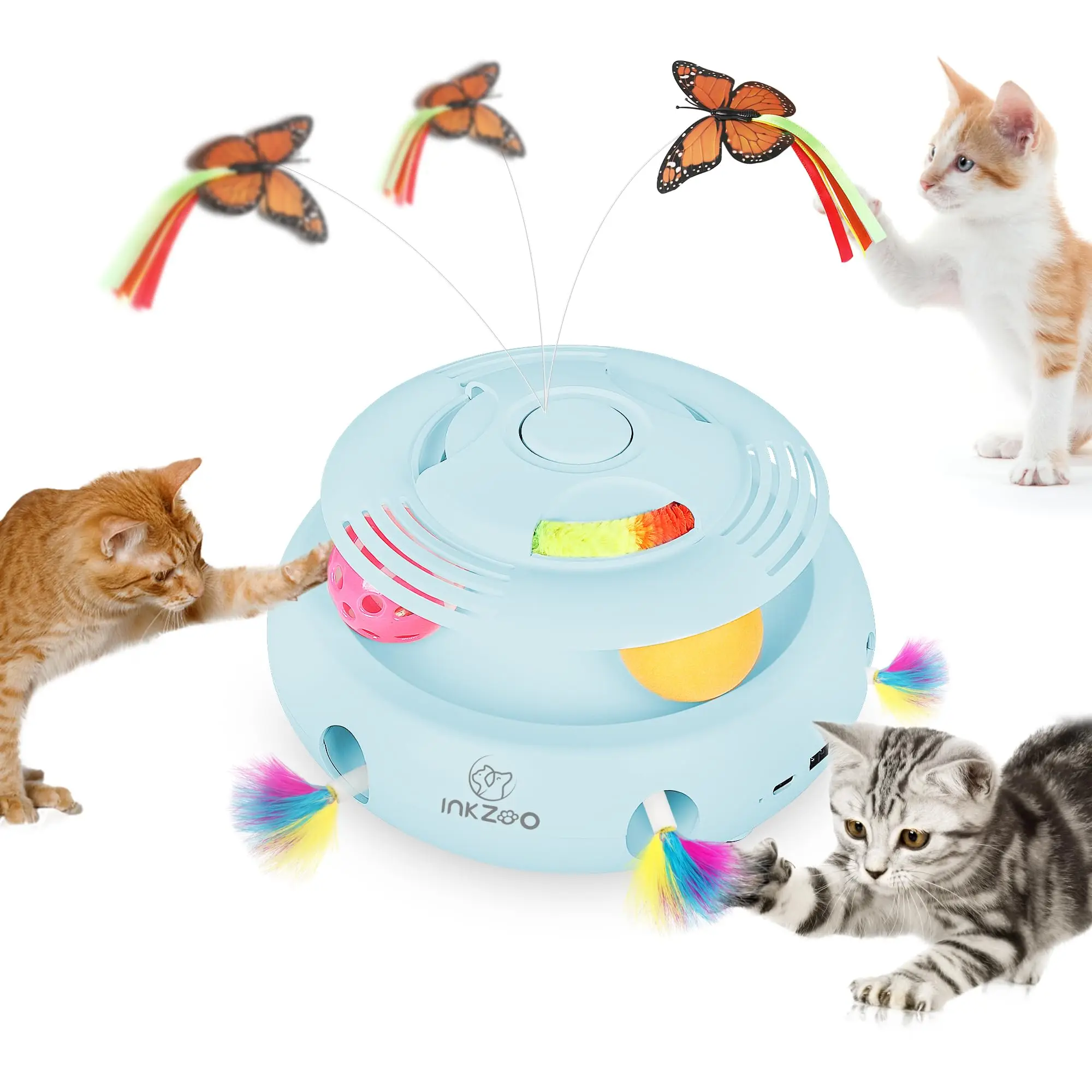 INKZOO 4-in-1 Interactive Cat Toys for Indoor Cats, Automatic 6 Holes Mice Whack-A-Mole, Fluttering Butterfly, Track Balls, USB