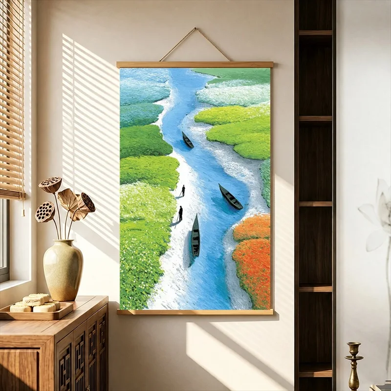 Wall Decorations Turquoise Rivers and Floating Islands, Dreamy Landscape Pearlescent Canvas Hanging Scroll for Meditation Dome