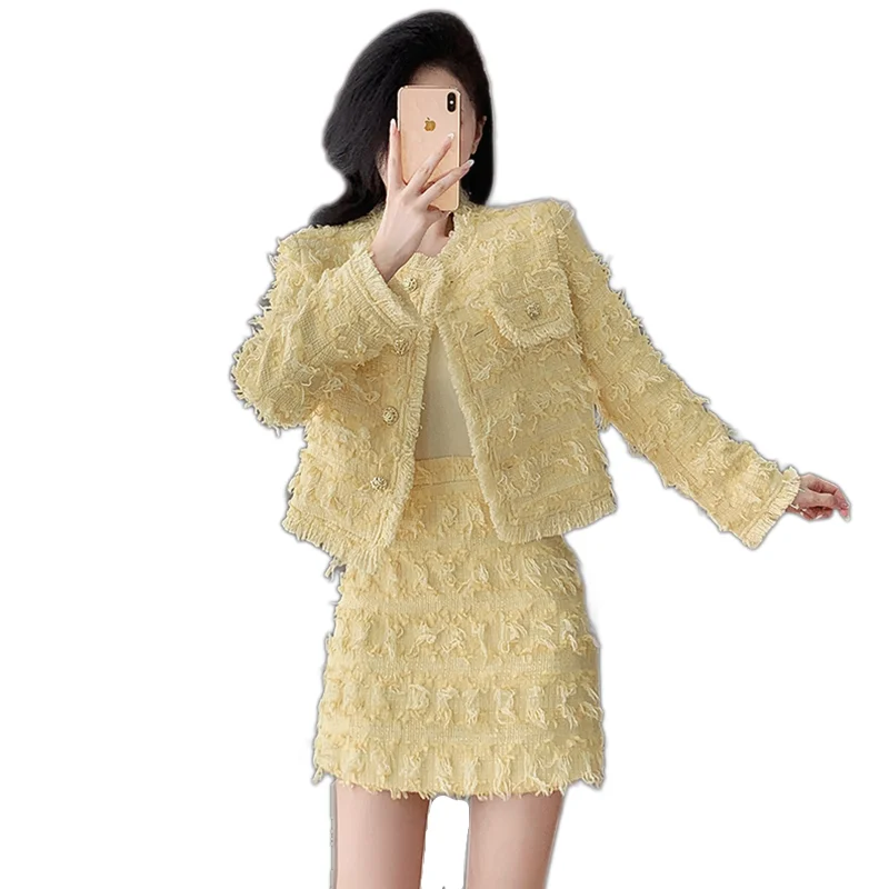 New Autumn Winter Women Light Yellow Tweed Skirt Suits Fashion Tassel Short Jacket And High Waist Mini Skirt Two Piece Set