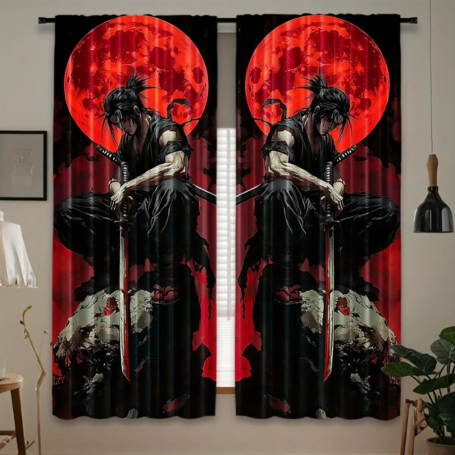 2PCS Digital Printed Curtains, Red Moon Samurai Art, Japanese Style Polyester Rod Pocket for Bedroom Living Room Office