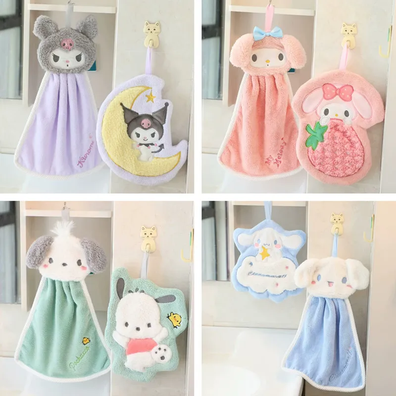 

2 pieces of cute Sanrio cartoon anime Kuromi coral fleece hand towel super absorbent bathroom kitchen Cinnamon soft towel