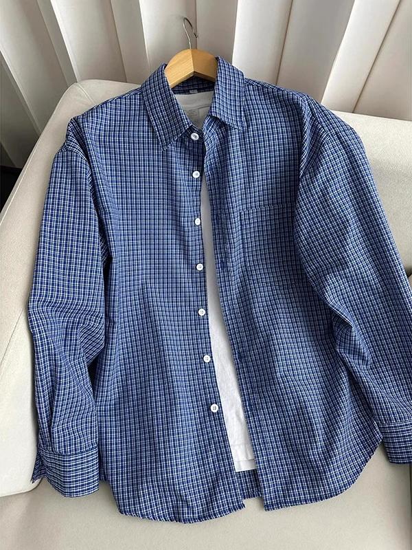 

Мужская рубашка в синюю клетку, винтажная американская повседневная верхняя одежда, дышащая, свободного кроя, с длинными рукавами, на пуговицах, для весеннего сезона